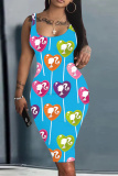 Pink Love Print Sleeveless U Neck Knee Length Bodycon Pencil Tank Midi Dress
