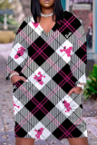 Light Blue Casual Graphics Print V Neck Long Sleeve Knee Length Pocket Straight Loose Midi Dress