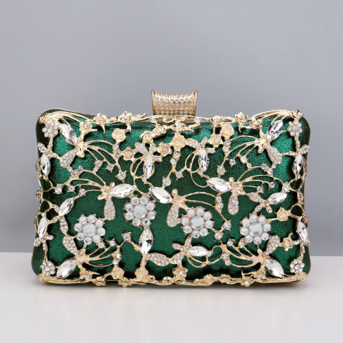 Dark Green Prom Rhinestone Flowers PU Handbags Clutch Purse