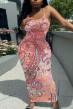Rose Red Graphics Print Sleeveless Backless Spaghetti Strap Square Neck Vacation Bodycon Maxi Slip Dress