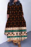 Red Casual Graphics Print O Neck 3/4 Sleeve Belted Pockets Long Vacation Pleated A Line Maxi Dresses