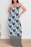 Reddish Brown Graphics Print Backless Spaghetti Strap Floor Length Vacation Baggy Plus Size Sundress Slip Maxi Dress