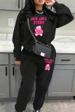 Black Red Casual Graphcis Love Print O Neck Long Sleeve Sweatshirt And Skinny Pants Sportwear Matching Sweatsuit Set