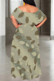 Gray Black Floral Print Off Shoulder Ruffle Sleeve Casual Outing Plus Size Vacation Loose Fit Maxi Dresses