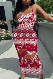 Camel Floral Print Sleeveless Backless Spaghetti Strap Square Neck Vacation Bodycon Maxi Slip Dress