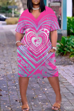 Black Pink Graphics Print V Neck Short Sleeve Loose Pockets Straight Casual Midi T-Shirt Dress