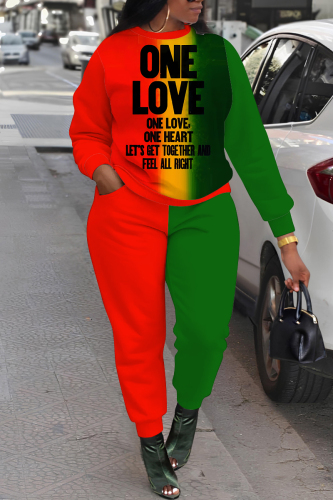 Rose Red Casual Graphcis Print O Neck Long Sleeve Sweatshirt And Skinny Pants Sportwear Matching Sweatsuit Set