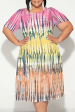 Light Purple Floral Polka Dot Stripe Print O Neck Short Sleeve Ruffle Hem Casual Vacation Plus Size Midi T-shirt Dresses