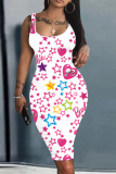 Pink Love Print Sleeveless U Neck Knee Length Bodycon Pencil Tank Midi Dress