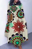 Red Casual Graphics Print O Neck 3/4 Sleeve Belted Pockets Long Vacation Pleated A Line Maxi Dresses