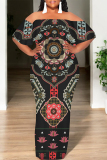White National Totem Print Off Shoulder Flutter Sleeve Long Loose Vacation Plus Size Maxi Dresses