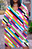 Light Blue Casual Graphics Print V Neck Long Sleeve Knee Length Pocket Straight Loose Midi Dress