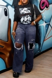 Blue Hollow Out High Waist Straight Leg Casual Ripped Denim Jeans