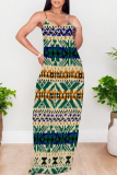 Red Green Graphics Boho Print Backless Spaghetti Strap Floor Length Vacation Baggy Plus Size Sundress Slip Maxi Dress