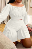 White Off Shoulder 3/4 Sleeve Crop Tops And Mini Short Casual Vacation Plus Size Two Pieces Short Sets