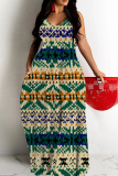 Red Green Graphics Boho Print Backless Spaghetti Strap Floor Length Vacation Baggy Plus Size Sundress Slip Maxi Dress