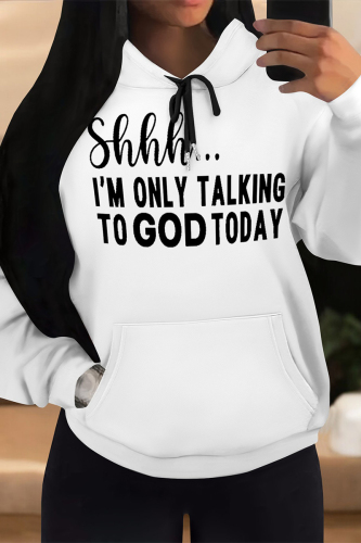 Black White Letter Print Long Sleeve Draw String Pocket Casual Fall Winter Hooded Sweatshirt