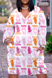 White Blue Casual Graphics Print V Neck Long Sleeve Knee Length Pocket Straight Loose Midi Dress