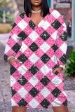 Light Blue Casual Graphics Print V Neck Long Sleeve Knee Length Pocket Straight Loose Midi Dress