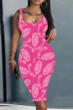 Dark Pink Barbie Print Sleeveless U Neck Knee Length Bodycon Pencil Tank Midi Dress