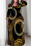 Glod Chain Print Crewneck Long Sleeve Floor Length Vacation Casual Baggy Maxi Dress