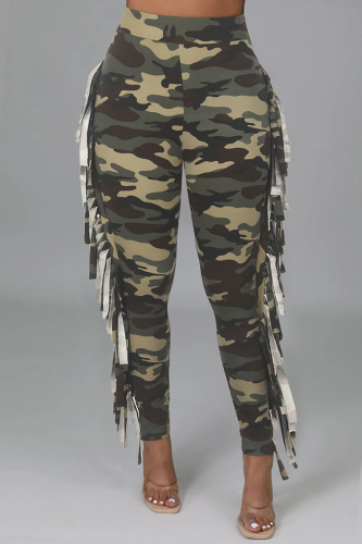 Yellow Camouflage Print Fringed Trim High Waist Casual Pencil Skinny Pants