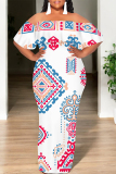 White National Totem Print Off Shoulder Flutter Sleeve Long Loose Vacation Plus Size Maxi Dresses