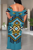 White National Totem Print Off Shoulder Flutter Sleeve Long Loose Vacation Plus Size Maxi Dresses