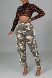 Yellow Camouflage Print Fringed Trim High Waist Casual Pencil Skinny Pants