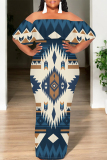 White National Totem Print Off Shoulder Flutter Sleeve Long Loose Vacation Plus Size Maxi Dresses