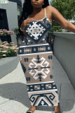 Camel Floral Print Sleeveless Backless Spaghetti Strap Square Neck Vacation Bodycon Maxi Slip Dress