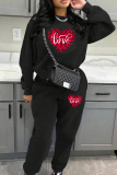 Black Red Casual Graphcis Love Print O Neck Long Sleeve Sweatshirt And Skinny Pants Sportwear Matching Sweatsuit Set