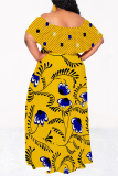 Rose Red Stripe Floral Print Off Shoulder Flutter Sleeve Long Loose Vacation Plus Size Maxi Dresses