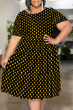 Light Purple Floral Polka Dot Stripe Print O Neck Short Sleeve Ruffle Hem Casual Vacation Plus Size Midi T-shirt Dresses