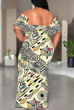 Green Geometric Print Off Shoulder Ruffle Sleeve Casual Outing Plus Size Vacation Loose Fit Maxi Dresses