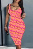 Dark Pink Barbie Print Sleeveless U Neck Knee Length Bodycon Pencil Tank Midi Dress