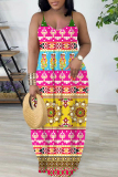 Pink Purple Floral Print Backless Spaghetti Strap Floor Length Vacation Baggy Plus Size Sundress Slip Maxi Dress