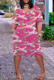 Black Pink Graphics Print V Neck Short Sleeve Loose Pockets Straight Casual Midi T-Shirt Dress