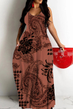 Reddish Brown Graphics Print Backless Spaghetti Strap Floor Length Vacation Baggy Plus Size Sundress Slip Maxi Dress