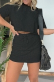 Black O Neck Short Sleeve Crop T-shirt And Pocket Mini Skirt Casual Two Pieces Dress Sets