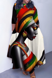 Multicolor African Figure Print O Neck 3/4 Sleeve Belted Pockets Long Vacation Casual Pleated A Line Maxi Dresses