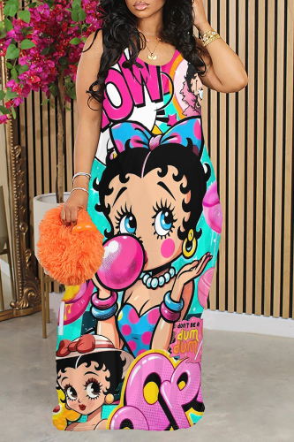 Powder Blue Graffiti Print Backless Spaghetti Strap Floor Length Vacation Baggy Plus Size Sundress Slip Maxi Dress