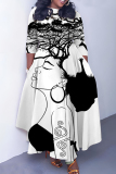 Multicolor African Figure Print O Neck 3/4 Sleeve Belted Pockets Long Vacation Casual Pleated A Line Maxi Dresses