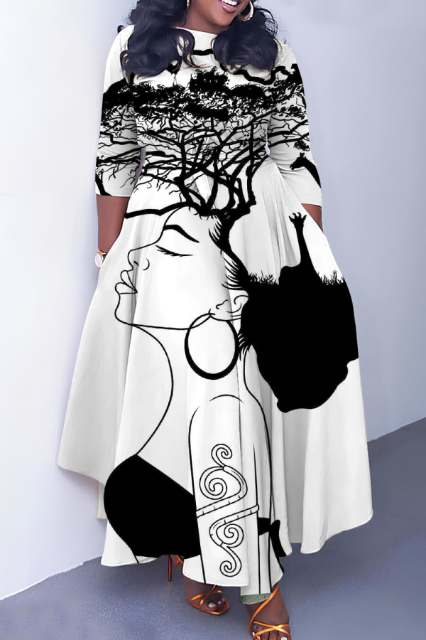 Multicolor African Figure Print O Neck 3/4 Sleeve Belted Pockets Long Vacation Casual Pleated A Line Maxi Dresses