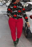Rose Red Casual Graphcis Print O Neck Long Sleeve Sweatshirt And Skinny Pants Sportwear Matching Sweatsuit Set
