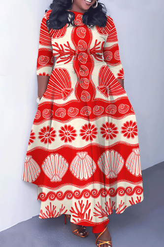 Red Casual Graphics Print O Neck 3/4 Sleeve Belted Pockets Long Vacation Pleated A Line Maxi Dresses
