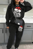 Black Red Casual Graphcis Love Print O Neck Long Sleeve Sweatshirt And Skinny Pants Sportwear Matching Sweatsuit Set