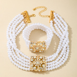 White Pearls Decor Rhinestone Decor Necklaces Bracelet Casual Two Piece Set
