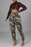 Yellow Camouflage Print Fringed Trim High Waist Casual Pencil Skinny Pants