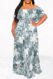 Gray Black Floral Print Off Shoulder Ruffle Sleeve Casual Outing Plus Size Vacation Loose Fit Maxi Dresses